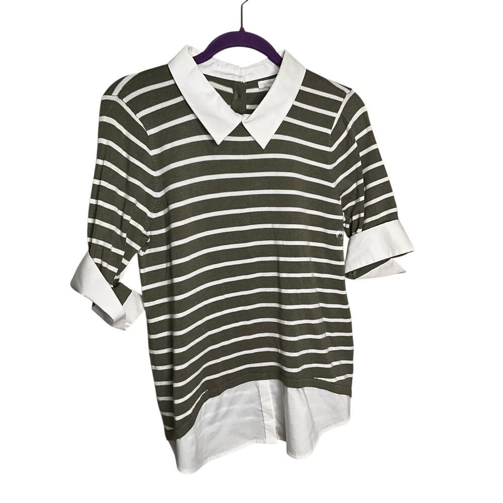 New York & Company Stripped Top 3/4 Sleeves Collared Green White Size M NWT